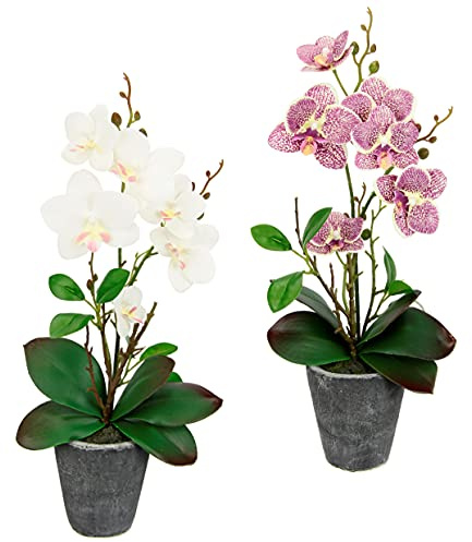 Flair Flower Orchidée Artificielle avec Pot - 40 cm - Orchidée Artificielle - Phalaenopsis avec Pot - Décoration de Mariage - Fleur en Soie - Toucher réel - Rose et Blanc