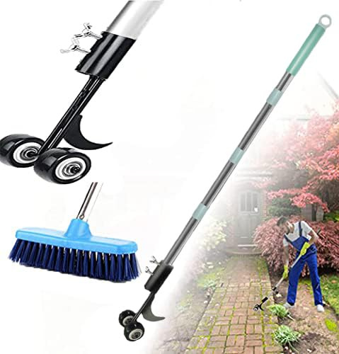 MiaoMa Uteplats ogräsborttagare verktyg styv borst borste skrapset med 125 cm långt handtag ogräs utan knäböjning, krok rensningsverktyg uteplats ogräsverktygssats med hjul – ta bort ogräs mossa från