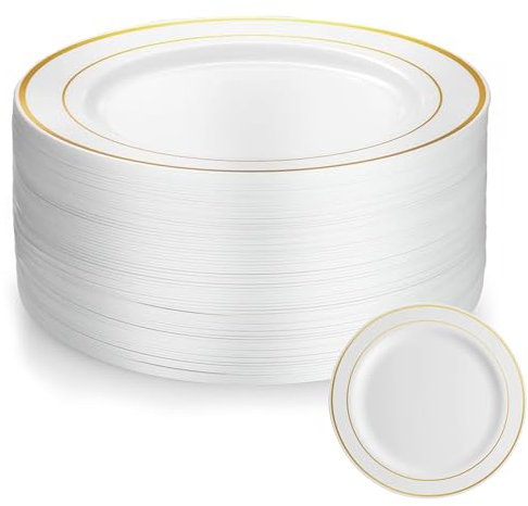 AKOLAFE 50 Piezas Platos de Plastico 20 cm Vajilla Plastico Duro Reutilizables Blanco con Borde Dorado Platos Cumpleaños para Bodas, Fiestas, Cumpleaños, Navidad