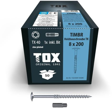 TOX Tornillos para construcción de madera TIMBR TK 6,0 x 200 mm, azul galvanizado con cabeza de disco, TX30, 100 unidades en una caja, incl. 1x broca, 1120804160200