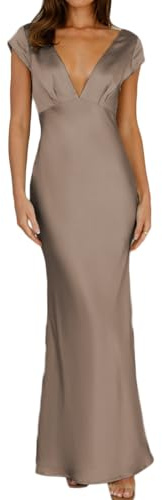 Halfisland - Lång satinklänning för kvinnor, sommar, V-ringad, cap ärm, rygglös, elegant, maxi draperad, midilång, bröllopsgästklänning