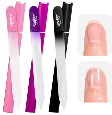 Beetles Glass Nail File for Natural Nails 3 Pack – Double-Sided Crystal Nail Files with Case Etched Gentle Nails Care for Shaping & Polishing Manicure, Washable Reusable Glass Fingernail Files
