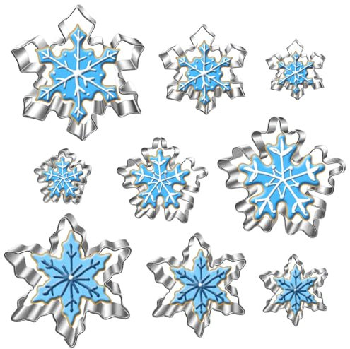 UKoosien Snowflake Cookie Cutters Set – 9pcs Stainless Steel Biscuit Cutters, Winter & Christmas Fondant Moulds, Plunger Cutters for Baking, Sandwiches, Cakes & Holiday Decorations