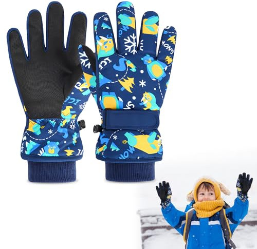 GOEDCH Skihandschuhe Kinder: Fahrradhandschuhe Kinder Winter mit verstellbaren Bündchen, Handschuhe Kinder wasserdichte PU Palme Reißfeste Winddichte Warm für 4-6 Jahre Mädchen Jungen (Blau)