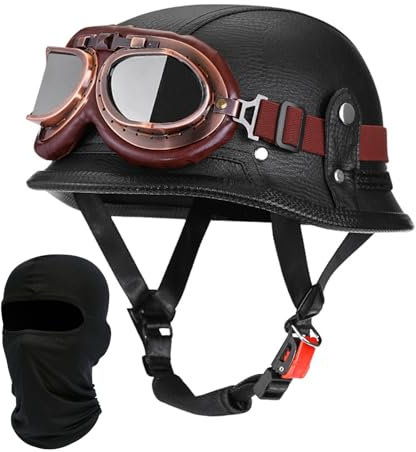 Beyswage Halbschalenhelm Retro Motorrad Helm Herausnehmbares Futter Schnellverschlussschnalle Helm Mit ECE Zulassung Vintage Chopper Helm Mofahelme Schwarz Für Erwachsene Herren Damen