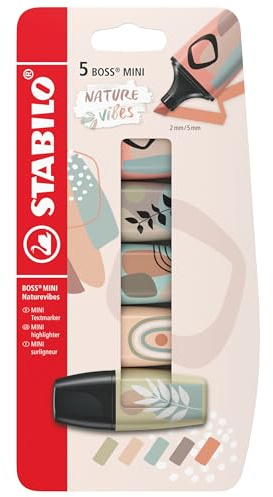 STABILO BOSS MINI Naturevibes - Mini surligneur - Blister carton x 5 surligneurs décorés- coloris Nature