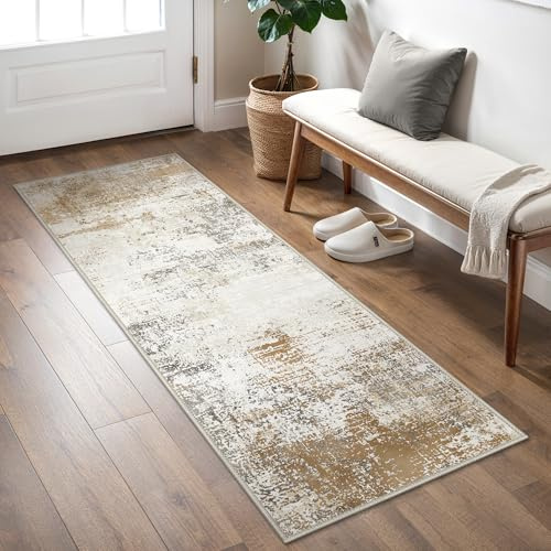 BEIMO Waschbarer Teppich Wohnzimmer, Abstrakt Design Teppich Schlafzimmer Kurzflor, Groß rutschfest Weiche für Badezimmer Esszimmer Flur, Karamellgrau, 80x150cm