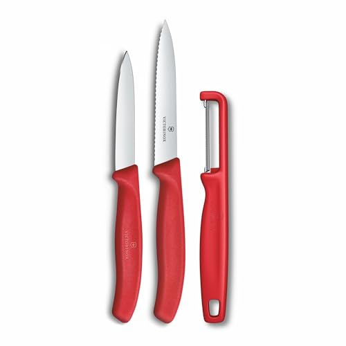 Victorinox Swiss Classic paring Knife Set with Peeler, Vegetable Knife and Tomato Knife, 3-Piece Set, Extra Sharp Blade, Red