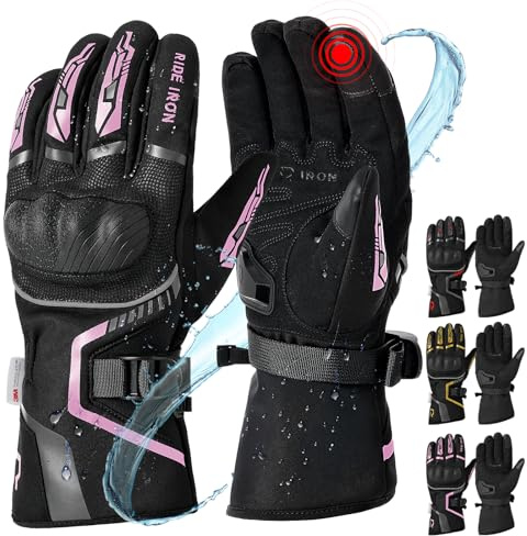 RIDEIRON Guanti moto invernali uomo donna,Antivento,leggeri e caldi con touchscreen per motociclismo,escursionismo e altri sport all'aperto,Rosa L