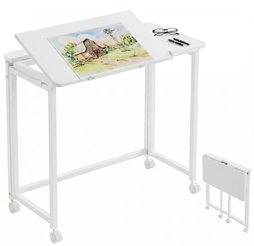 GreenForest Folding Desk with Wheels, 31.5 Inch Adjustable Tilt Drafting Table, Portable Rolling Foldable Desk for Small Space, Home Office, Drawing & Craft Workstation, White