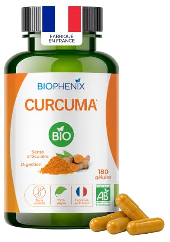Biophénix - Curcuma Bio 180 Gélules - 100% Naturel à Base de Végétaux - Contribue à la Santé des Articulations et au Confort Digestif - Fabriqué en France - 2 à 6 Gélules/Jour