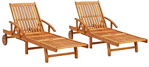 HEFZGDB Adjustable Sun Lounger Set of 2 Pieces, Solid Acacia Wood Garden Lounger with Multi-Position Backrest and Wheels for Patio Poolside Outdoor Relaxation