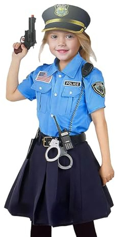 Bkazwe Deguisement Policier Enfant, 13PCS Costume Policier Deguisement Carnaval,Costume de Police Chemise,Jupes,Chapeau,Cravate,Ceinture,Menotte,Talkie-Walkie,Pistolets Jouets pour Halloween
