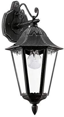 Eglo Navedo Lampada da parete per esterni, lampada da esterno a 1 luce, applique in fusione di alluminio nero con finitura patina argento e vetro, attacco E27, IP44