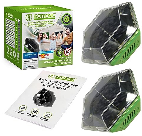 ISOTRONIC Protezione da Piccioni con Lampeggiatore Spaventauccelli Repellente per Gatti | Funzionamento a energia solare, Repellente per Uccelli a Ultrasuoni Repellente per Animali con Lampeggiatore |