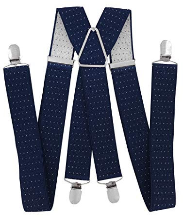 axy® Herren Hosenträger breit 3,5 cm mit 4 Starken Clips X-Form HT352 (Schwarzblau-weiße Punkte)