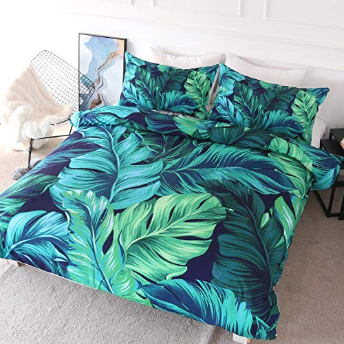 BlessLiving 3D Palm Leaves Duvet Cover Set Turquoise Green Tropical Leaf Pattern Printed Bedding Duvet Cover with Zipper Closure 3 Pieces Soft Comforter Cover (Double)