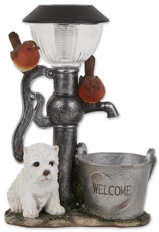 Zingz & Thingz Day & Night Garden Décor Solar Statue Figurine, 8.5x4.5x12.25, Little Pup & Water Pump