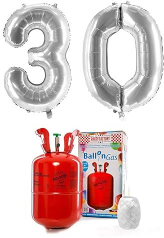PARTY FACTORY Helium Set 30 mit XXL Zahlenballons, Ballongas und Ballonschnur - für Geburtstag, Jubiläum, Jahrestag; Gold, Silber, Schwarz, Pink, Rosa, Rosagold, Bunt (Silber)