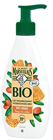 Le Petit Marseillais – Leche nutritiva Hidratación 48h BIO Miel Argán (vial bomba de 250 ml) – Leche corporal para pieles muy secas – Leche hidratante con 99% de ingredientes de origen natural