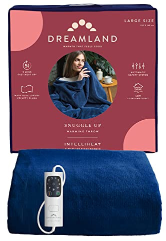 Dreamland Snuggle Up Electric Throw – Navy Blue, 5 Minute Fast Heat Up, Luxury Velvet Plush, 1 Control, 6 Temperature Settings with Timer, Machine Washable and Tumble Dry Safe, 160x120cm