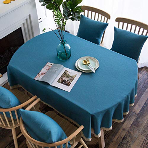 Qkoimpnrd Tisch Decke aus Premium Rechteckige Ovale Form aus Baumwollleinen Tischabdeckung Gartentischdecke für Gastronomie Feste Party Hochzeiten Blau 136 × 188 cm