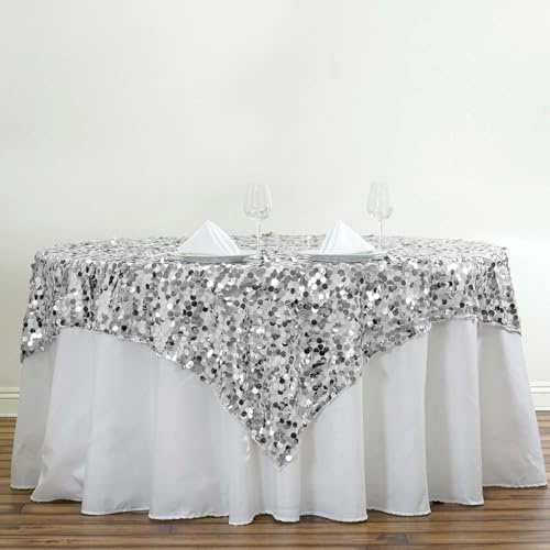 Efavormart 72 Premium Big Payette Sequin Tablecloths Overlay for Wedding Banquet Catering Party Table Decorations-Silver