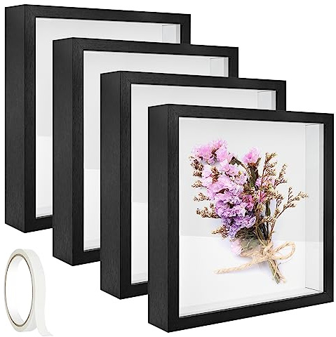 4 Pack 8 x 8 Shadow Box Picture Frame 3D Frames Shadow Box Square Shadow Boxes Display Cases with Adhesive Tape for Baby Items Wedding Memories Crafts Awards Medals Tickets and Photos (Black)