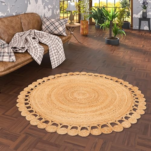 Runder Jute Teppich Salsa Natur Boho - Handgefertigt aus strapazierfähiger Naturfaser - Schlichtes Design mit geflochtenem Muster - Verschiedene Größen verfügbar