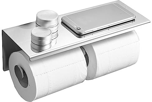 LSLANSOON Toilet Paper Holder with Phone Shelf, Wall Mounted Stainless Steel Tissue Dispenser for Bathroom (Double Roll-Silver)