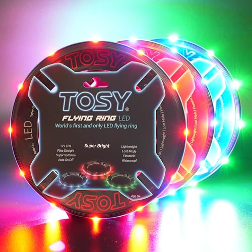 TOSY Anneau Volant 12 LED, Lumineux, Mode Perdu, allumage Automatique, sûr et Doux, étanche, Frisbee léger, Cadeau d'anniversaire, de Camping pour garçon/Fille/Enfant,Pack de 3