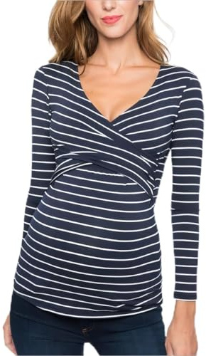 SamHeng Haut de maternité à Manches Longues pour Femme - T-Shirt d'allaitement relevable - Col Rond - Haut d'allaitement rayé - Vêtements de Grossesse (Bleu Marine, M)