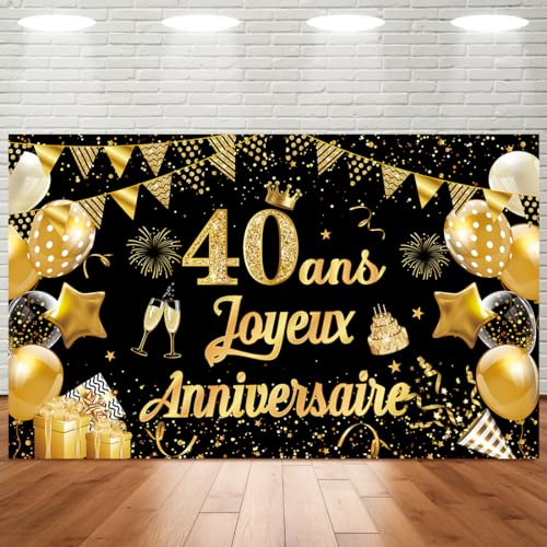 Banderole Joyeux Anniversaire 40 Ans, Bannière Joyeux Anniversaire 40 Ans Noir Or, 1.1 x 1.8m, Bannière Toile de Fond pour Fête Décoration Hommes Femmes