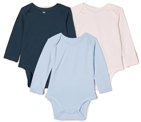 Amazon Essentials x Sofia Grainge Body de Manga Larga con Cuello Redondo Bebé-Niñas, Paquete de 3, Azul Claro/Azul Marino Oscuro/Marfil, Prematuro