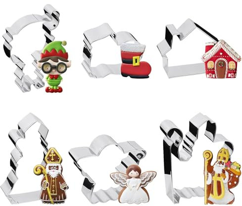 BOFUNX 6pcs Formine per Biscotti Natale in Acciaio Inox Stampi per Biscotti Natale Tagliabiscotti Natalizi DIY a Forma di Angelo Elfo Babbo Natale San Nicola