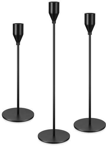 3 Pz Porta Candele da Tavolo, Portacandele Neri, 23/28/33cm Candelabro Portacandele in Metallo per Candele Coniche, Candeliere da Tavolo per Matrimoni Compleanni Natale Decorazioni(Nero)