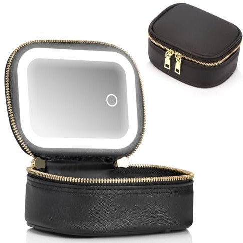STORICANS Makeup Bag with Mirror, Travel Makeup Organiser Case with Mirror and Light, Mini Cosmetic Organizer, 3 Levels Brightness Adjustable, Portable Artist Storage for Women (Black)