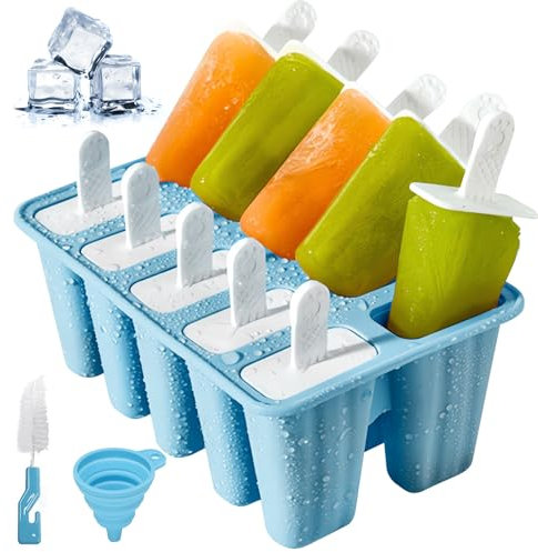 Moldes para Helados de Silicona, Moldes Helados con Embudo y Cepillo de Limpieza, Reutilizable Moldes para Paletas, Ice Cream Mold para Niños, Adultos (Azul, 10 Cavidades)