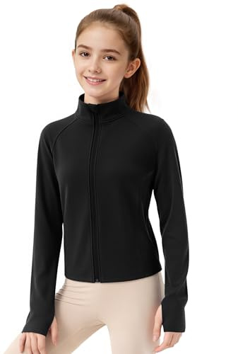 JOCMIC Girls Zip Up Jacket Horse Riding Shirts Kids Athletic Jackets Fall Winter Outerwear Black 9-10 Years