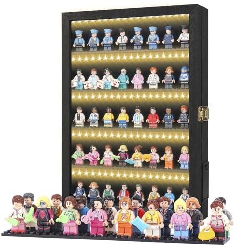 Minifigure Display Case – Black 16″ × 11″ × 2″ Showcase Cabinet with LED‑Lit Shelves, Mini Figurines Display Case with Built‑in Feet, Battery‑Powered, Cord‑Free Collection Display