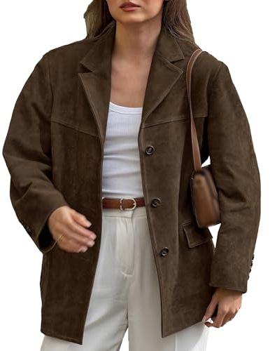 ECDAHICC Chaqueta de piel de ante sintético para mujer, estilo vintage, con bolsillos, longitud media, marrón, L