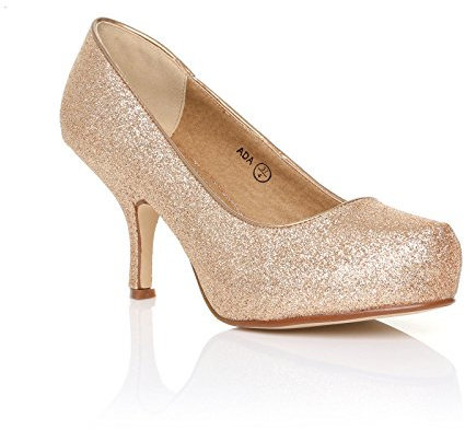 New Womens Ladies MID Heel Casual Smart Work Office Pump Court Shoes Size 3-8 Gold Glitter