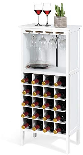 COSTWAY Casier à Vin Multifonctionnel avec 20 Emplacements de Bouteilles et Etagère pour Flûte à Champagne, Idéal pour Cuisine, Salle à Manger, Salon, Bar, Blanc