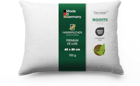 HANSKRUCHEN Premium de Luxe cuscino in piuma d'oca 60x80 cm - Cuscino in piuma d'oca Made in Germany in 100% cotone - Cuscino in piuma d'oca a 3 camere per chi soffre di allergie