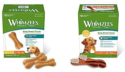 WHIMZEES by Wellness Reisknochen, natürliche & by Wellness Zahnbürste, natürliche, getreidefreie Zahnpflegesnacks, Kaustangen für große Hunde, Monatspackung (30 Stück), Größe L