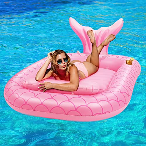 HeySplash Galleggiante Gonfiabile per Piscina, Lettino Gonfiabile per Piscina, Materassino Gonfiabile Abbronzante, Design a Coda di Pesce, Amaca Galleggiante per Feste Estive, 185 x 125 CM, Rosa
