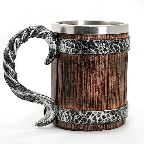 Norse Tradesman Stainless Steel Beer Tankard - 20 oz Tavern Style Mug for Hot or Cold Drinks - Imitation Wood & Iron