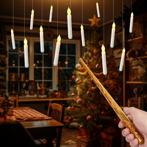 Raycare Floating Candles with Wand, 12 Pcs Magic Hanging Candles Flameless, Flickering Warm Light LED Taper Candle with Wand Remote, Battery Operated Window Candle for Halloween Witch Wizzard Decors