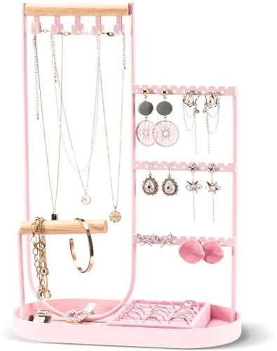 ProCase Jewelry Organizer Tower, 10 Hooks Jewelry Storage Rack Tree Holder Stand with Velvet Ring Display Tray for Necklaces Bracelets Earrings Rings Watches -Pink