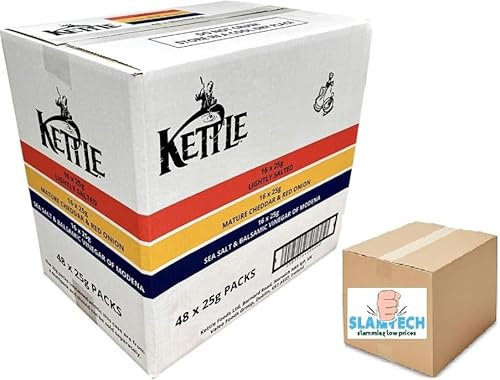 Kettle Hand Cooked Potato Chips Variety Pack, 48 x 25g, Lightly Salted, Mature Cheddar & Red Onion, Sea Salt & Balsamic Vinegar